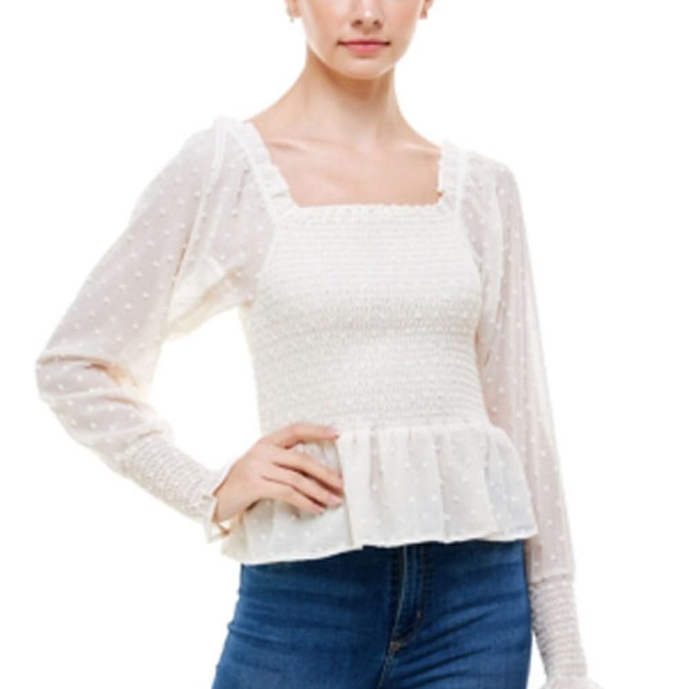 JR265 Q & A Cream Juniors' Swiss Dot Peplum-Hem Top Size M